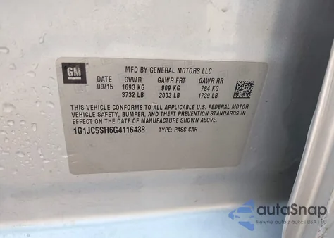 2016 Chevrolet Sonic Lt Auto from USA, damaged, VIN 1G1JC5SH6G4116438